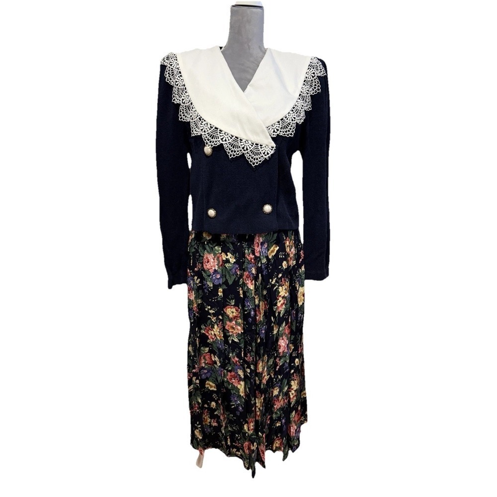 Vintage 90s Jeffrey & Dara Women's Sz 10 Navy Blue‎ Cottage Floral Skirt Set - Picture 2 of 13